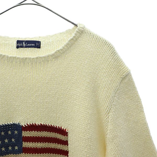 RALPH LAUREN ラルフローレン 90s コットンニット ロゴ刺繍 長袖 セーター ホワイト オールド ヴィンテージ メンズ