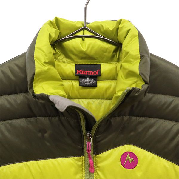 マーモット 切替 ダウンジャケット S グリーン×カーキ MARMOT 収納袋付き ロゴ刺繍 レディース