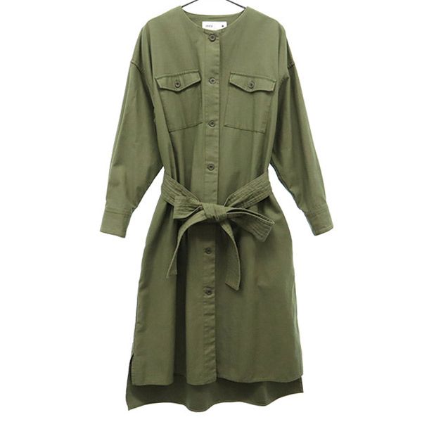 converse TOKYO コンバース トウキョウ ロゴバッジ 長袖 ノーカラーミリタリー シャツワンピース カーキ レディース