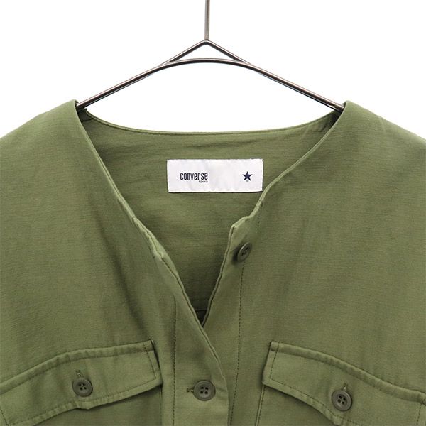 converse TOKYO コンバース トウキョウ ロゴバッジ 長袖 ノーカラーミリタリー シャツワンピース カーキ レディース