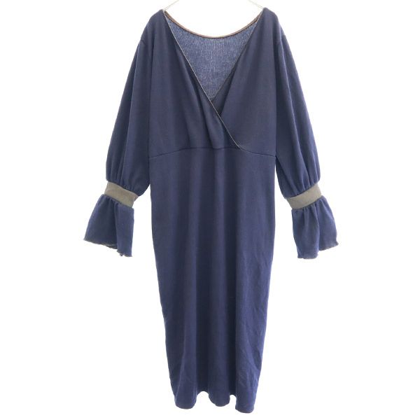 未使用 THURIUM スリウム 長袖 踊るタックカットフリル ロングワンピース 38 ネイビー レディース