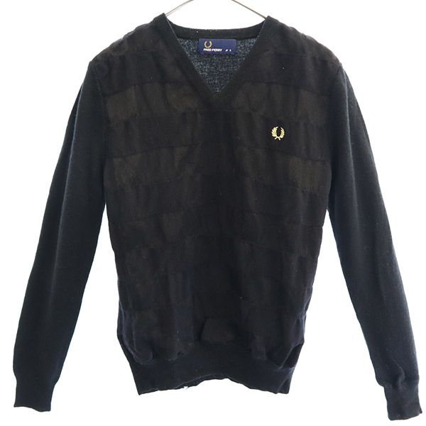 FRED PERRY フレッドペリー ワンポイント刺繍柄 長袖 Vネック セーター S ブラック ニット レディース