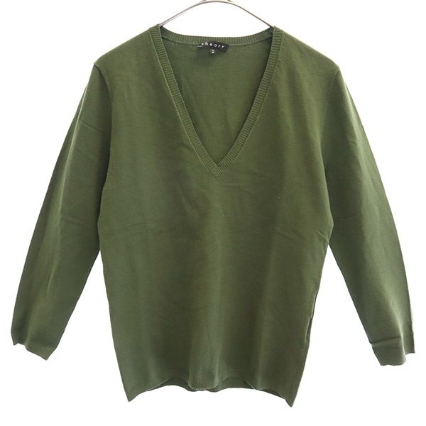 セオリー 7分袖 Vネック セーター 2 カーキ theory ニット レディース