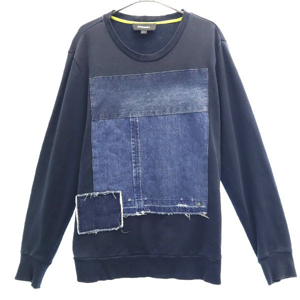DIESEL ディーゼル 長袖 パッチワーク トレーナー ネイビー×ブルー スウェット メンズ