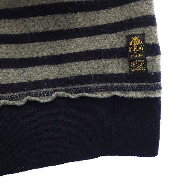 REPLAY リプレイ ウール ボーダー柄 長袖 セーター L グレー×ネイビー ニット メンズ