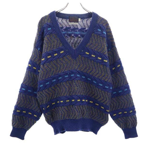 santa fe サンタフェ ウール 総柄 長袖 Vネック セーター Feb-38 ネイビー系 ニット メンズ
