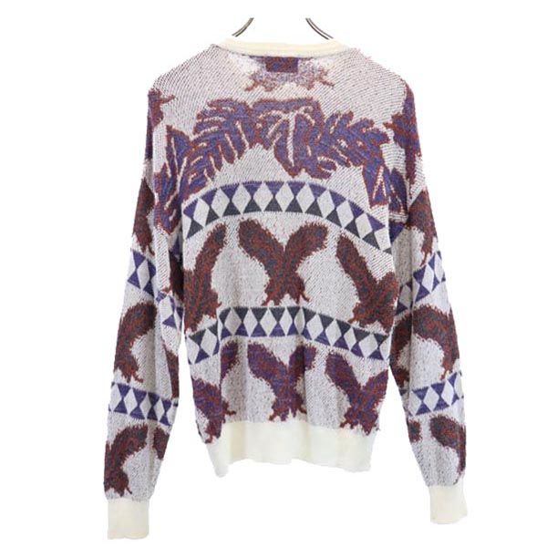 santa fe サンタフェ リネンブレンド 総柄 長袖 ニット 38 ホワイト系 薄手セーター メンズ