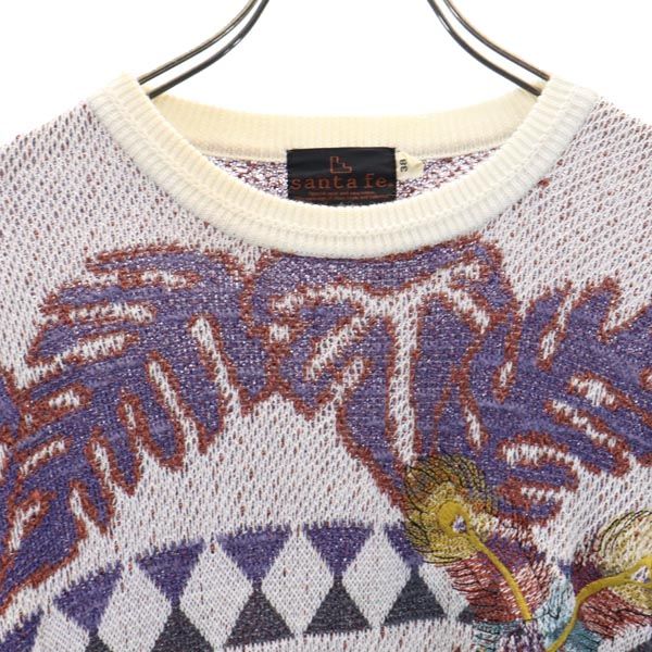 santa fe サンタフェ リネンブレンド 総柄 長袖 ニット 38 ホワイト系 薄手セーター メンズ