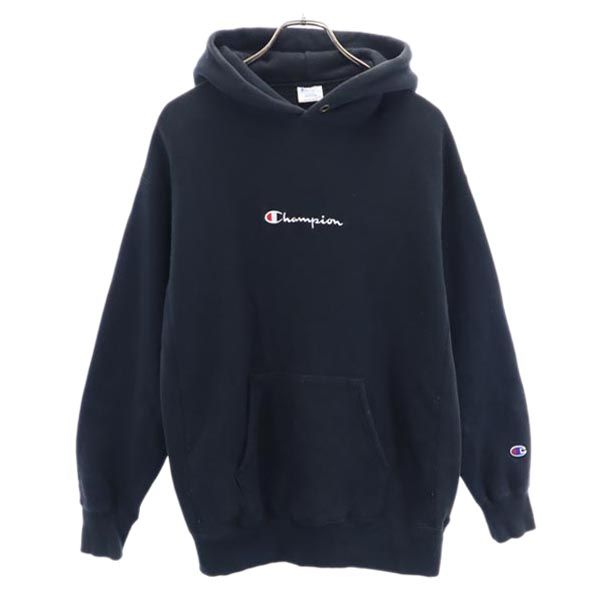 Champion チャンピオン 青単 復刻 リバースウィーブ ロゴ刺繍 長袖 スウェットパーカー M 黒系 裏起毛 メンズ