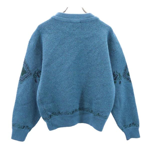 LANCEL ランセル 日本製 ウール 柄 長袖 ニット L 青系 セーター メンズ