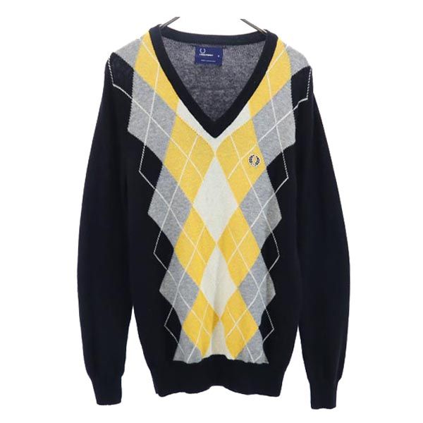 FRED PERRY フレッドペリー ウール アーガイル 長袖 ニット M 黒系 セーター メンズ