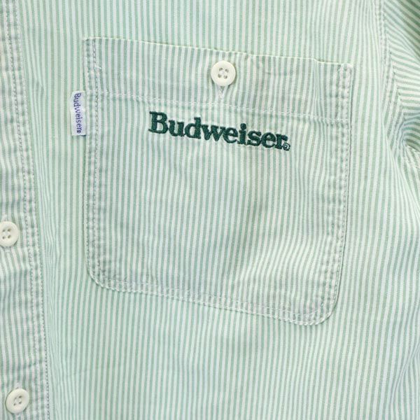 Budweiser バドワイザー ストライプ 長袖 シャツ グリーン系 ロゴ刺_ メンズ
