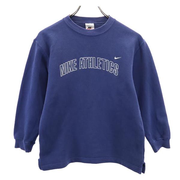 ナイキ 90s 00s 白タグ オールド ロゴプリント 長袖 スウェット トレーナー S(8) ネイビー系 NIKE キッズ