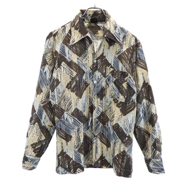 GOEL 70s ヴィンテージ 総柄 長袖 オープンカラーシャツ M ブラウン×グレー メンズ