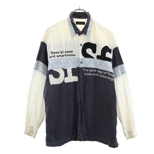 santa fe サンタフェ 英字刺繍 切替 長袖 シャツ 4 ホワイト×グレー メンズ