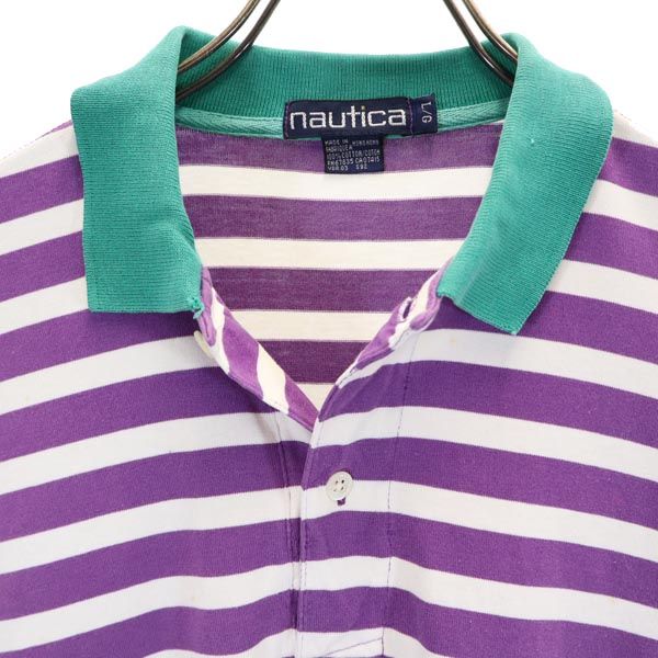 NAUTICA ノーティカ 90s オールド ボーダー柄 半袖 ポロシャツ L 紫×白 メンズ