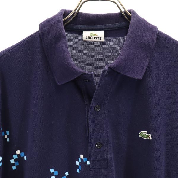 LACOSTE ラコステ 日本製 スクエア プリント 半袖 ポロシャツ 5 紺 鹿の子 メンズ