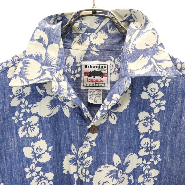 Urbaniak 90s USA製 オールド リバースプリント 半袖 アロハシャツ M 青×白 オープンカラー メンズ