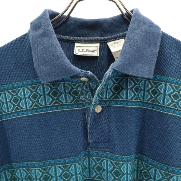 L.L.Bean エルエルビーン 総柄 半袖 ポロシャツ XL 青系 鹿の子 アウトドア キッズ