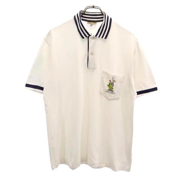 DAKS ダックス 日本製 ロゴ刺繍 ゴルフ 半袖 ポロシャツ L 白系 鹿の子 メンズ