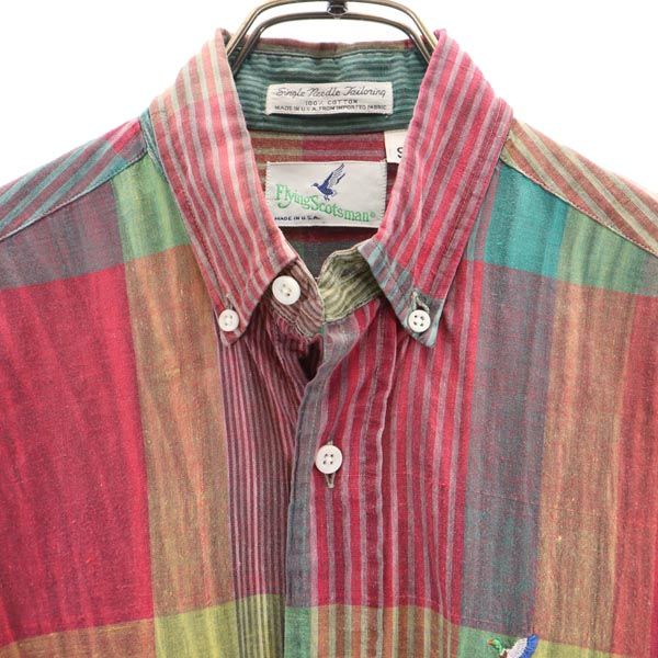 Flying Scotsman フライングスコッツマン 90s USA製 オールド チェック柄 半袖 ボタンダウンシャツ S 赤×黄×緑 メンズ