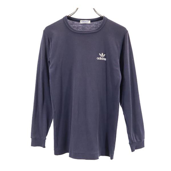 adidas アディダス 80s ヴィンテージ デサント製 ADS-22 トレフォイルロゴ 刺繍 長袖 Tシャツ M 紺 メンズ