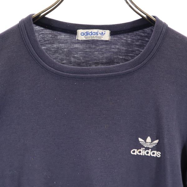 adidas アディダス 80s ヴィンテージ デサント製 ADS-22 トレフォイルロゴ 刺繍 長袖 Tシャツ M 紺 メンズ
