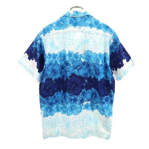 Hawaii 80s 90s オールド ハイビスカス柄 半袖 アロハシャツ M ブルー×ホワイト オープンカラー メンズ