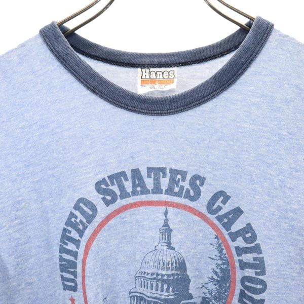 ヘインズ 70s USA製 ヴィンテージ リンガー プリント 半袖 Tシャツ S 青系 Hanes トリム メンズ