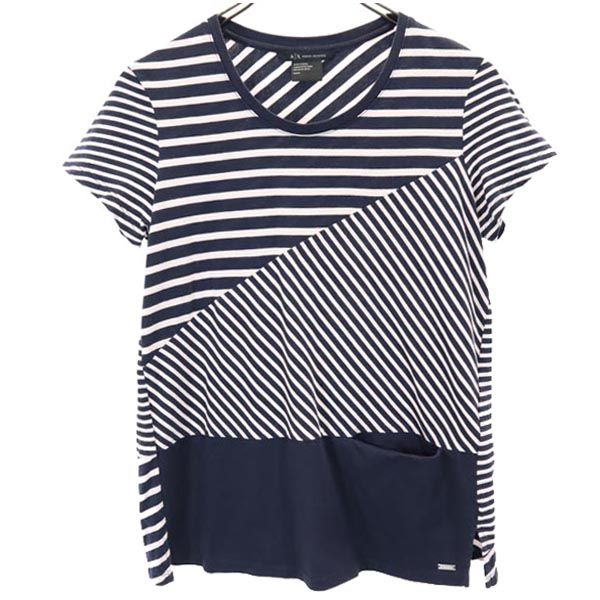 ARMANI EXCHANGE アルマーニエクスチェンジ ボーダー切替えデザイン 半袖 切替デザイン Tシャツ S ネイビー系 ロゴプレート レディース