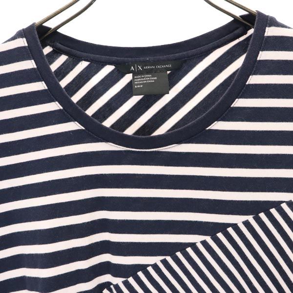 ARMANI EXCHANGE アルマーニエクスチェンジ ボーダー切替えデザイン 半袖 切替デザイン Tシャツ S ネイビー系 ロゴプレート レディース