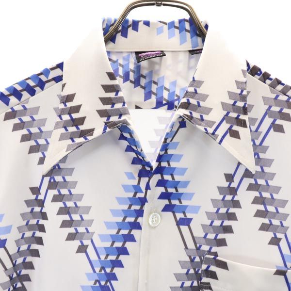 GOEL 70s 80s ヴィンテージ 総柄 半袖 オープンカラーシャツ M 白×水色 メンズ