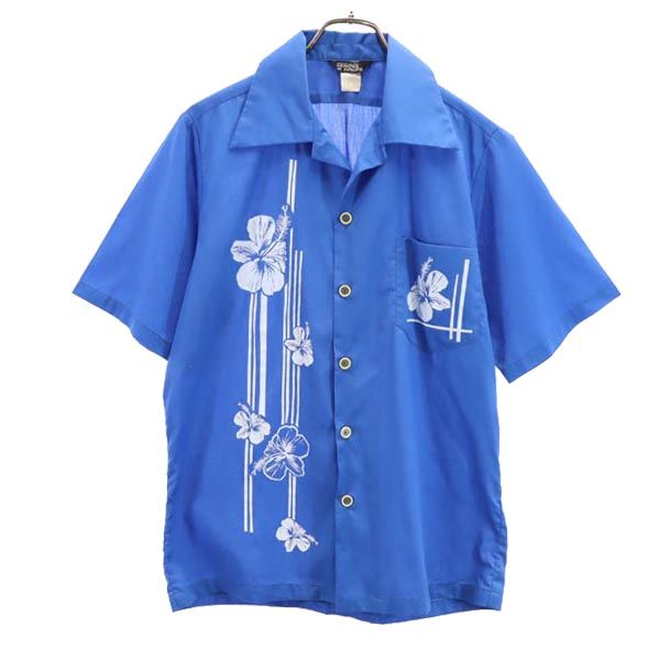 desiree of hawaii 70s 80s ヴィンテージ ハイビスカス柄 半袖 アロハシャツ M ブルー 開襟 メンズ
