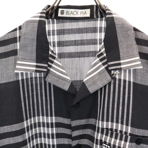 BLACK PIA ブラックピア リネン コットンブレンド チェック柄 半袖 オープンカラーシャツ L 黒系 メンズ