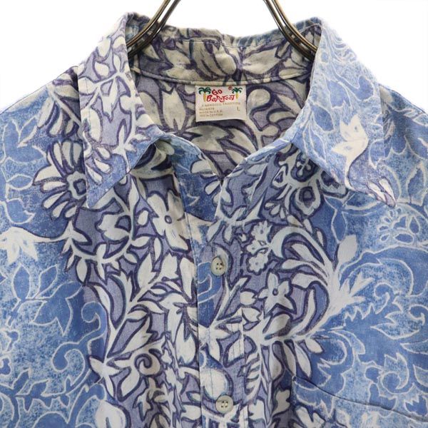 Go BaReFooT ゴーベアフット 90s オールド USA製 総柄 リバースプリント アロハシャツ L ブルー系 メンズ
