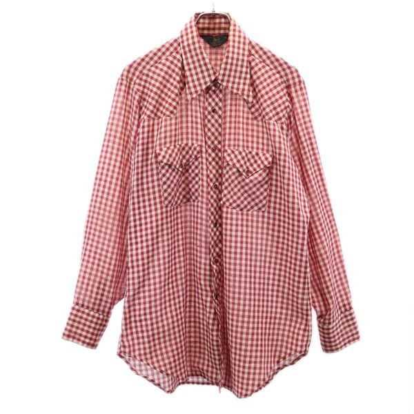 Sears シアーズ 70s ヴィンテージ チェック柄 長袖 ウエスタンシャツ L レッド×ホワイト メンズ