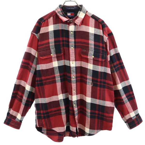 TOMMY HILFIGER トミーヒルフィガー 90s オールド フラッグタグ チェック柄 長袖 ネルシャツ L ボルドー系 メンズ