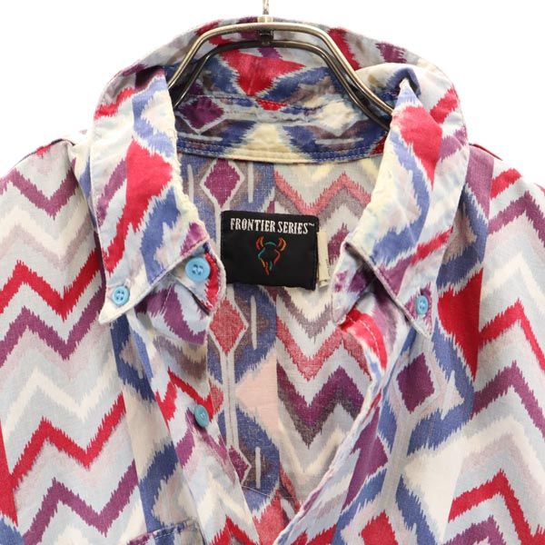 FRONTIER SERIES フロンティアシリーズ 80s ヴィンテージ 総柄 長袖 ボタンダウンシャツ L グレー×レッド×ブルー系 メンズ
