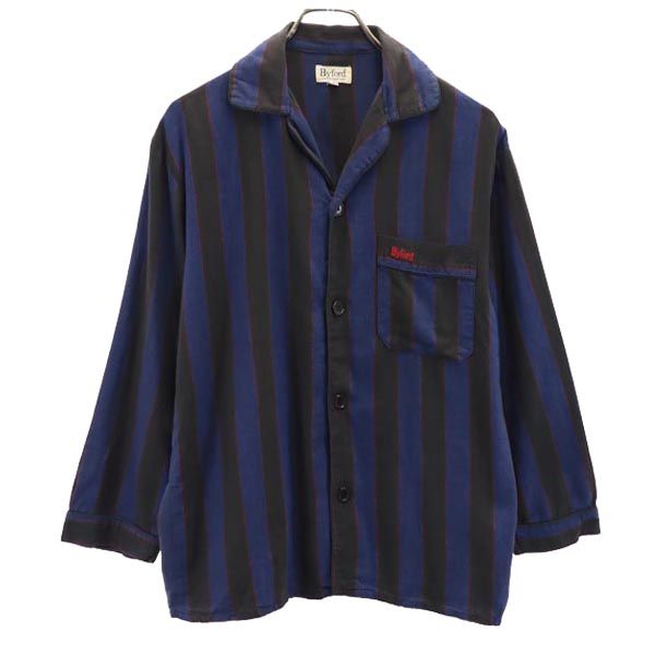 Byford バイフォード ヴィンテージ ストライプ柄 長袖 スキッパーカラー シャツ S ネイビー×ブラック ルームウェア ナイトウェア メンズ