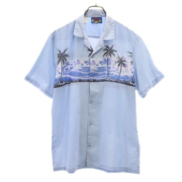 HAWAII BLUES 80s ヴィンテージ USA製 半袖 アロハシャツ M ブルー系 開襟 メンズ
