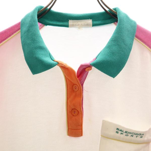 バレンシア スポーツ 長袖 ポロシャツ L ホワイト BALENCIAGA SPORTS 鹿の子 レディース