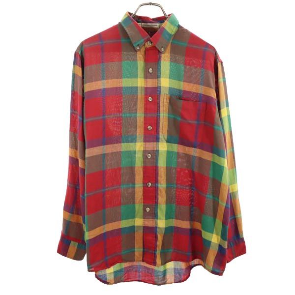 SEARSROEBUCK シアーズローバック 80s ヴィンテージ 緑タグ チェック柄 長袖 ボタンダウンシャツ L 赤系 メンズ