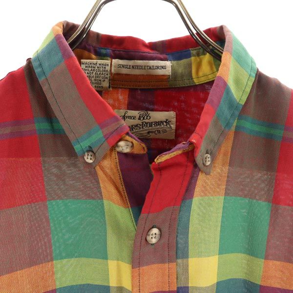 SEARSROEBUCK シアーズローバック 80s ヴィンテージ 緑タグ チェック柄 長袖 ボタンダウンシャツ L 赤系 メンズ