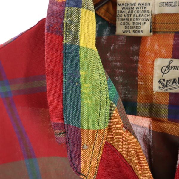 SEARSROEBUCK シアーズローバック 80s ヴィンテージ 緑タグ チェック柄 長袖 ボタンダウンシャツ L 赤系 メンズ