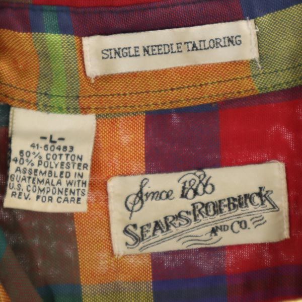 SEARSROEBUCK シアーズローバック 80s ヴィンテージ 緑タグ チェック柄 長袖 ボタンダウンシャツ L 赤系 メンズ