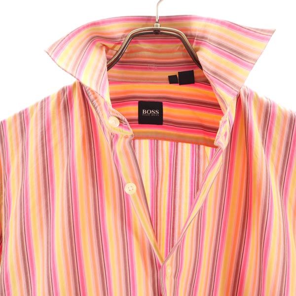 BOSS ボス ストライプ柄 長袖 シャツ M ピンク系 ダブルカフス メンズ
