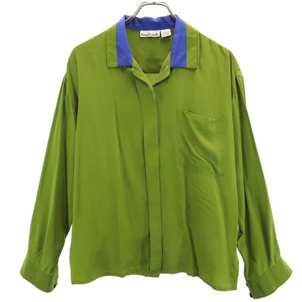 ANNE KLEIN アンクライン 90s オールド シルク 長袖 シャツ 8 グリーン系 ブラウス レディース