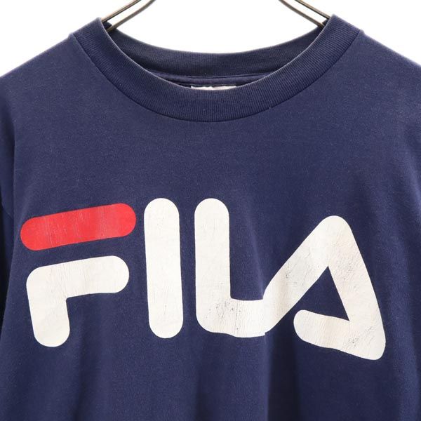 フィラ 90s オールド USA製 デカロゴ プリント 長袖 Tシャツ M ネイビー FILA ロンT メンズ