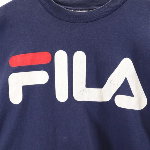 フィラ 90s オールド USA製 デカロゴ プリント 長袖 Tシャツ M ネイビー FILA ロンT メンズ