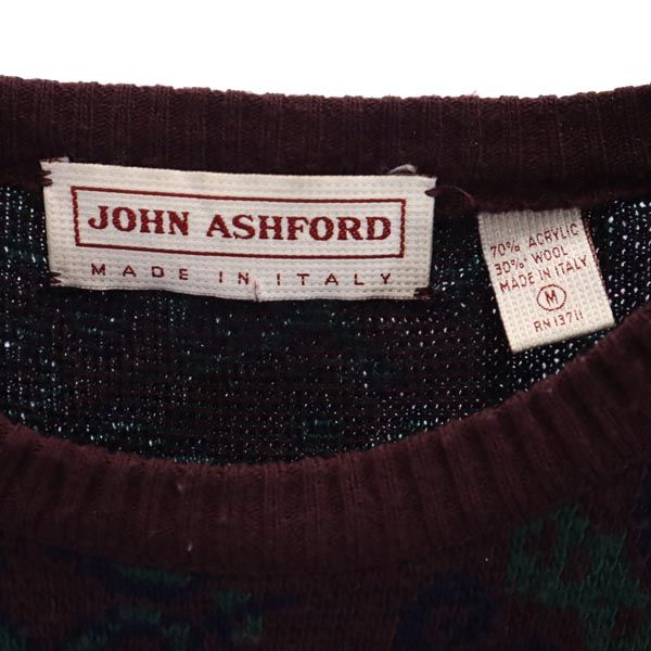 JOHN ASHFORD ジョンアッシュフォード 90s ウールブレンド イタリア製 総柄 長袖 セーター M ボルドー ニット メンズ